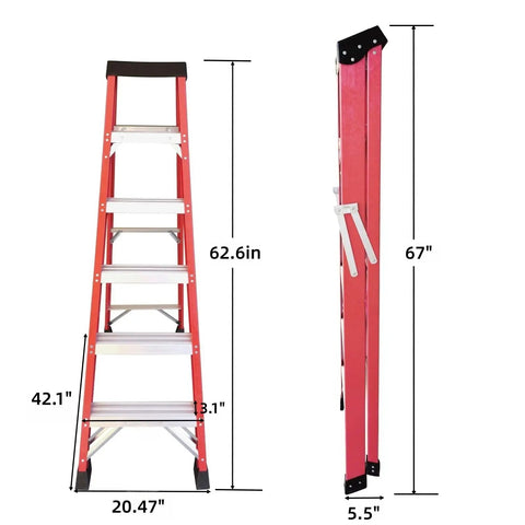 Heavy Duty Fiberglass Step Ladder Built Like A Tank With An Insanely Solid 500 Pound Weight Rating Non Conductive Design For Electricians And Weekend Warriors Doing Real Work, showing dimensions.
