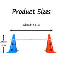 All In One Dog Agility Jump Set For Backyard Training with 13 inch cones, yellow hurdle, red and blue cones, size details shown