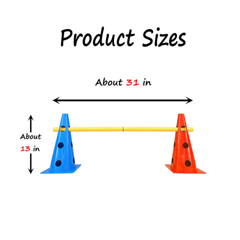 All In One Dog Agility Jump Set For Backyard Training with 13 inch cones, yellow hurdle, red and blue cones, size details shown