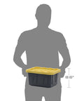 Heavy Duty 5 Gallon Stackable Storage Bins With Lids, Weather Resistant Plastic Organizer Set, shown with silhouette for scale