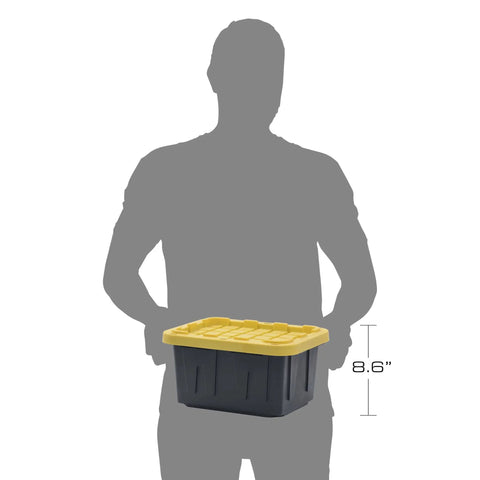 Heavy Duty 5 Gallon Stackable Storage Bins With Lids, Weather Resistant Plastic Organizer Set, shown with silhouette for scale