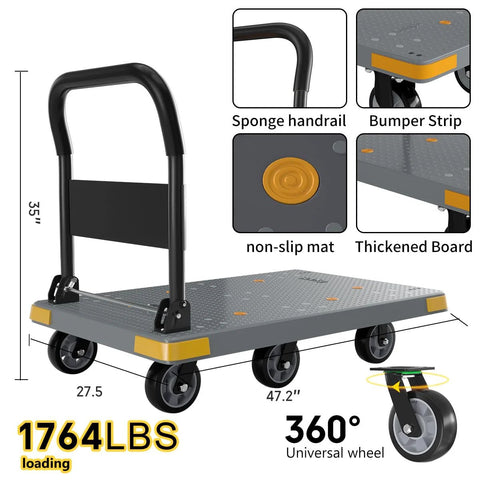 Foldable Heavy Duty Platform Cart With 1764 Pound Capacity, 47.2 Inch Long By 27.5 Inch Wide, front and side view, gray with six wheels