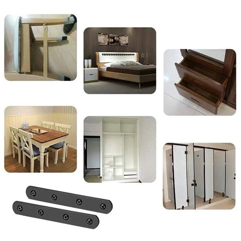 Built Tough Rugged Stainless Steel Flat Plates Straight Corner Braces Heavy Duty Furniture Repair Connectors With Screws for Table Desk Reinforcement Fast Setup in black, used in various furniture applications.