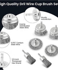 13 Pack Carbon Steel Wire Wheel Brush Set for Drill with cup brushes and sturdy hex shank for multipurpose cleaning