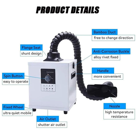 Welding Fume Extractor For Soldering And Welding With Triple Filtration showing features like bamboo duct and spin button