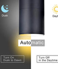 Dusk To Dawn Outdoor Wall Light With Sensor ETL Listed aluminum up down cylinder sconce showing automatic dusk to dawn feature.
