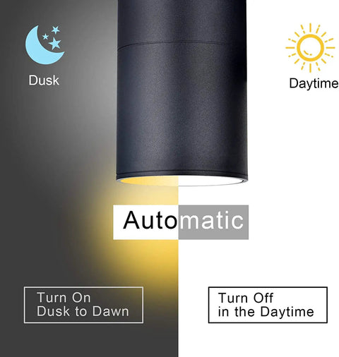 Dusk To Dawn Outdoor Wall Light With Sensor ETL Listed aluminum up down cylinder sconce showing automatic dusk to dawn feature.