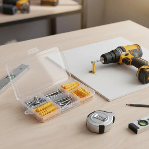 Hollow Wall Anchors With Stainless Steel Screws For Drywall And Masonry Heavy Duty Expansion Anchor Kit on a table with drill in use