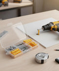 Hollow Wall Anchors And Stainless Steel Screws Kit For Drywall Mounting on table with cordless drill and tools nearby.