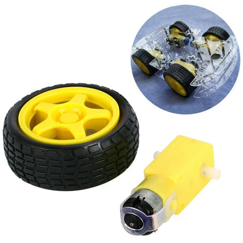 Two Sets Plastic Tire Wheel With Gear Motor Dual Shaft For Smart Car Robot Arduino, 65x28mm Tire, yellow and black kit
