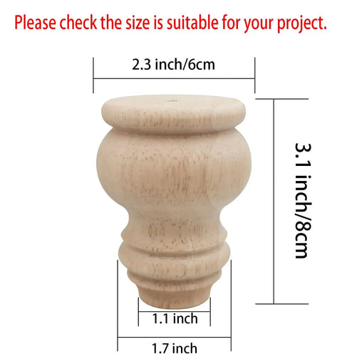 3 Inch Tall Solid Wood Bun Feet Furniture Legs Set Of 4 Unfinished, dimensions displayed on one leg, 3.1 inches tall, turned style