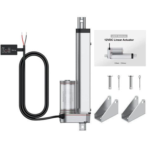 12V Beefed Up Heavy Duty Linear Actuator 225 Lbs 1000 N 6 Inch Silent IP65 With Brackets and accessories displayed