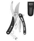 Five In One Garden Pruner Multitool with folding scissors, 420 stainless steel blades, black handle, and carrying case for gardening.