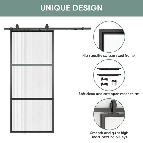 Glass Barn Door 36x84 Reeded Glass With Carbon Steel Pre Drilled Frame Sliding Door Panel Includes 6 Ft Hardware Kit And Soft Close