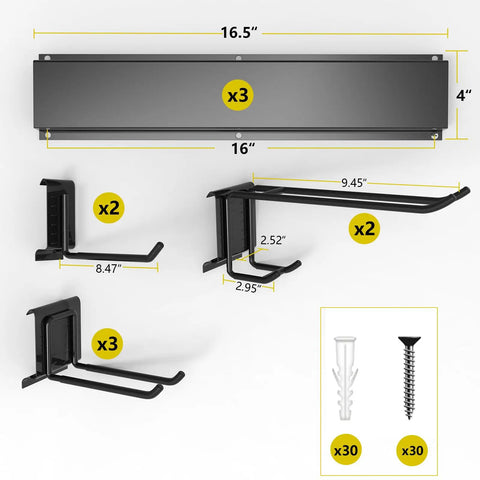 Heavy Duty Wall Mount Garage Tool Organizer With Adjustable Sliding Hooks, 500 Lbs Capacity, Anti Rust Steel Rack components