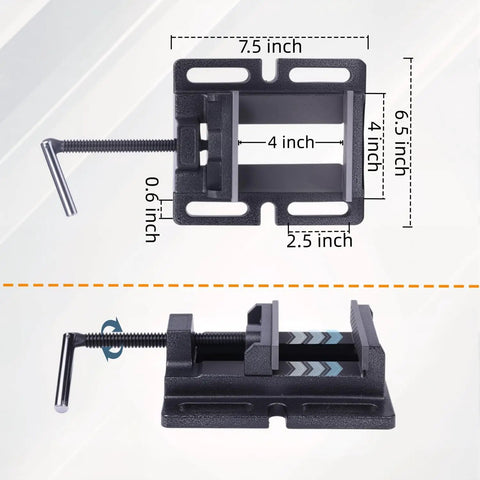 Heavy Duty 4 Inch Drill Press Vise With Soft Jaws For Scratch-Free Clamping, 7 Lb Weight, Dual Jaws For Precise Hole Drilling, Built Tough For Metalworking And Woodworking Projects, top and side views with dimensions