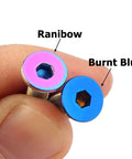 Premium Heavy Duty Steering Wheel Screw Bolts M5 X 16mm Burnt Blue Anodized 304 Stainless Steel Car Hardware shown in hand.
