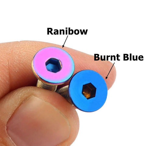 Premium Heavy Duty Steering Wheel Screw Bolts M5 X 16mm Burnt Blue Anodized 304 Stainless Steel Car Hardware shown in hand.