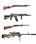 Various rifles mounted on wall hooks for storage display with wood and metal finishes.
