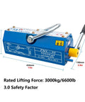 Heavy Duty Permanent Magnetic Lifter Up To 3 Ton 6600 Lbs with safety ratings and measurements displayed.