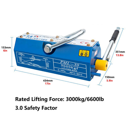 Heavy Duty Permanent Steel Lift Magnet, 6600 Lb Capacity, showing dimensions and lifting specifications for easy use.