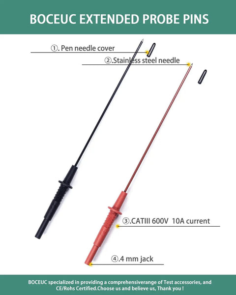 Long Reach Multimeter Probes With Sharp Insulated Tips, 155mm Stainless Steel Pins for 4 Mm Test Leads displayed on white background