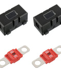 Top Shelf Heavy Duty 50 Amp Midi Fuse Holders And Bolt On High Current Screw Fuses Pack Of Two Zinc Terminals view with black housings and red fuses.