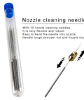 Nozzle cleaning needles in a clear tube for maintaining 24 Piece Brass MK8 3D Printer Nozzle Set For Makers Pro Grade