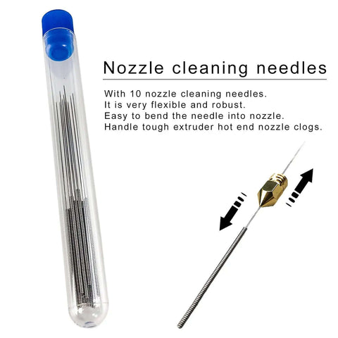 Nozzle cleaning needles in a clear tube for maintaining 24 Piece Brass MK8 3D Printer Nozzle Set For Makers Pro Grade