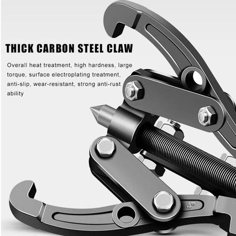 Close-up of thick carbon steel claw from Grease Monkey Approved Hydraulic Gear Puller, showcasing its sturdy design and components.