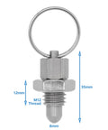 Heavy Duty Stainless Steel M12 X 12Mm Thread Ball Head Indexing Spring Plunger With Pull Ring 8Mm Pin Diameter showing dimensions