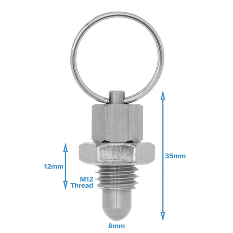 Heavy Duty Stainless Steel M12 X 12Mm Thread Ball Head Indexing Spring Plunger With Pull Ring 8Mm Pin Diameter showing dimensions