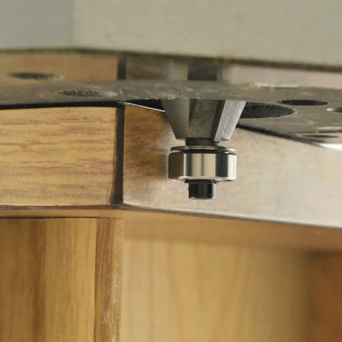 22 Degree Bevel Laminate Trim Router Bit With Shielded Ball Bearing, Carbide Cutter, installed on wood for smooth bevels