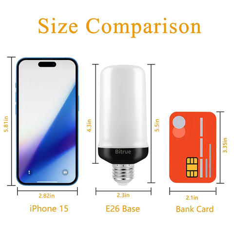 Lit Flame Effect LED Light Bulb With 4 Modes And Gravity Sensor E26 Base Flickering Fire Bulb next to iPhone and card for size
