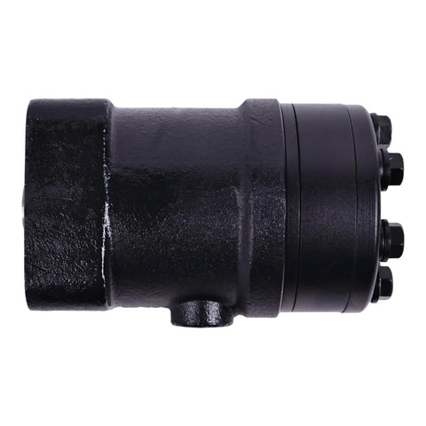 Hydraulic steering control unit Orbitrol valve, side view, black cylindrical body with end bolts.