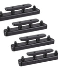 Rack Tie Down Kit For T Slot Rails Four Pack With Beefy Cleats And Adjustable Bases shown in matte black finish