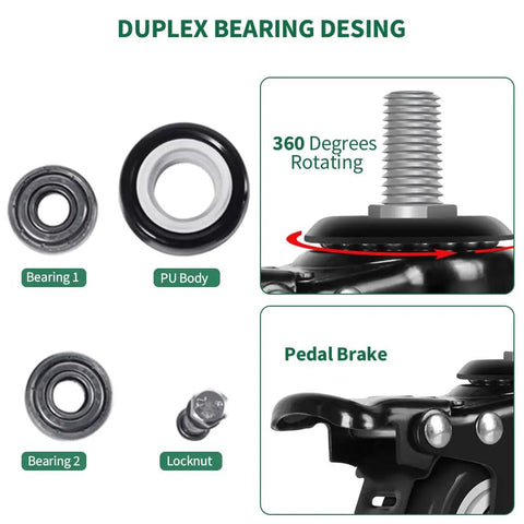 Components of All Purpose 2 Inch Rubber Caster Wheels Set Of Four With Locking Brakes And Threaded Stem featuring bearings and pedal brake.
