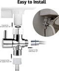 Three Way Brass Bidet T Adapter With Shut Off Valve for toilet supply line, showing stainless finish and connection points.