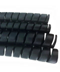Close-up of black spiral wrap cable protector for large diameter hoses and cables, 2.0 inch outer diameter, 10 foot pre-cut lengths.