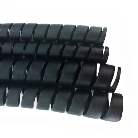 Close-up of black spiral wrap cable protector for large diameter hoses and cables, 2.0 inch outer diameter, 10 foot pre-cut lengths.