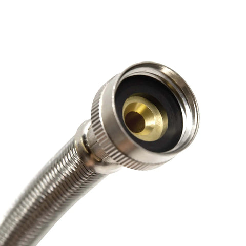 Close-up of Steam Dryer Hose Installation Kit 4 Ft Stainless Steel Flexible Connector With Brass Y Adapter and Inlet Hose
