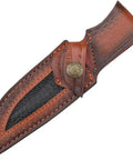 Rugged Leather Knife Sheath for Fixed Blade with Secure Buckle Scabbard Pouch, detailed view showing belt loop design and buckle clasp.