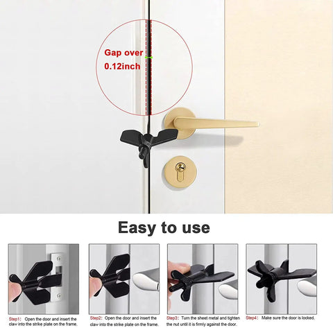 Portable Door Lock For Travel And Home Privacy, Compact Palm Size Security Device installed on a door with easy use instructions.