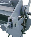 Close-up of 49 Inch Box And Pan Brake for Steel and Aluminum, showing adjustable clamp and lever, 12 gauge capacity up to 0.1 inch mild steel