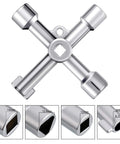 11 Piece Multi Functional Utility Key Kit with 4 Way Keys and Socket Tools showing key dimensions and cross design.