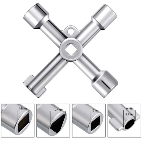 11 Piece Multi Functional Utility Key Kit with 4 Way Keys and Socket Tools showing key dimensions and cross design.