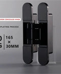 Adjustable Invisible Door Hinge For Wooden Doors Heavy Duty Hidden Cross Hinge, black electroplated, 80kg capacity, 165x30mm size.