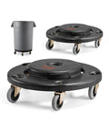 Heavy Duty Trash Can Dolly For 20 32 44 And 55 Gallon Bins Two Pack with swivel wheels and a gray trash bin visible.