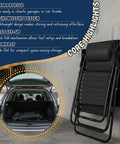 Zero Gravity Lounge Chair For Poolside And Patio Adjustable Reclining Steel Mesh Folding Recliner with Pillow and Cup Tray Black folded next to car trunk