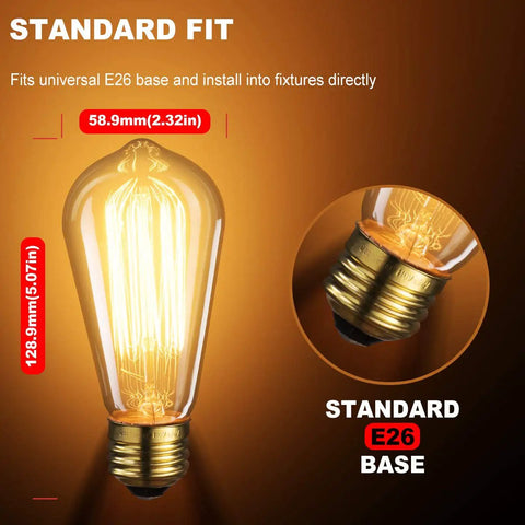 6 Pack Edison Light Bulbs With Squirrel Cage Filament, 60W, 2200K Amber Warm, ST58, E26 Base, standard fit dimensions.